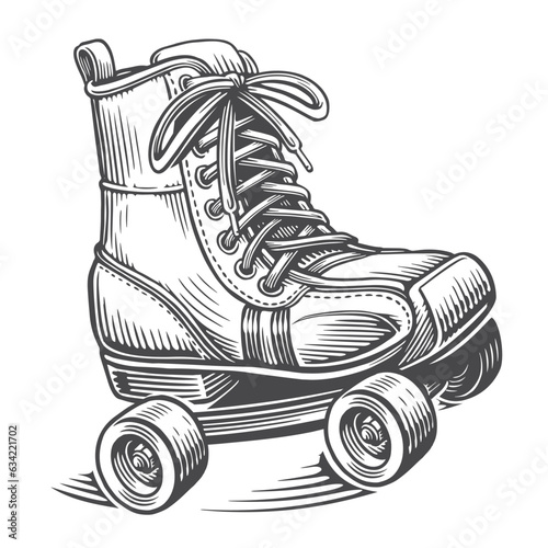 Hand drawn retro roller skates with lace. Rollerblades engraving style. Vintage sketch vector illustration