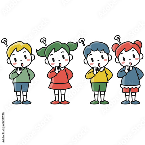 疑問を感じて首をかしげる子供のイラストセット
