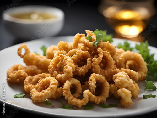 A plate of crispy and golden fried calamari