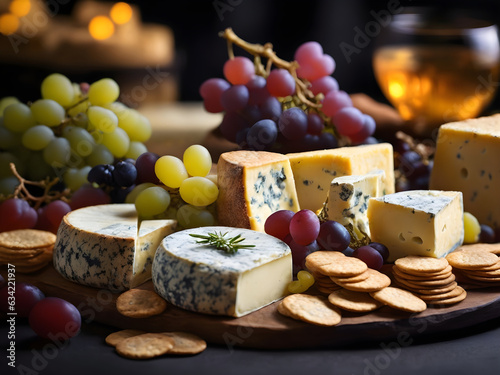 Assorted cheeses with crackers and grapes