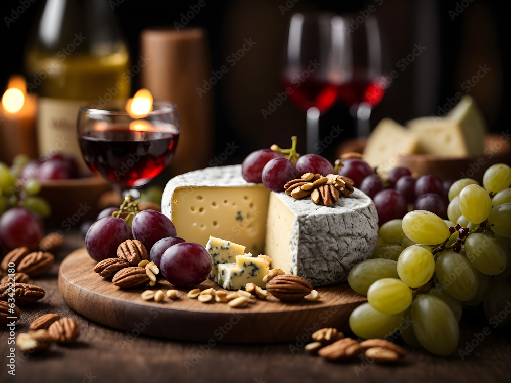 Artisanal cheese platters with grapes and variety of nuts
