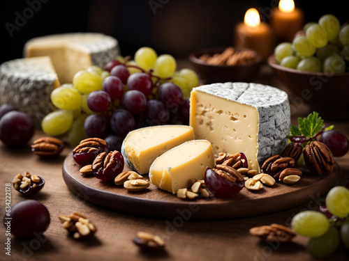 Artisanal cheese platters with grapes and nuts