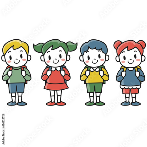 ランドセルを背負って立つ女の子と男の子のイラストセット