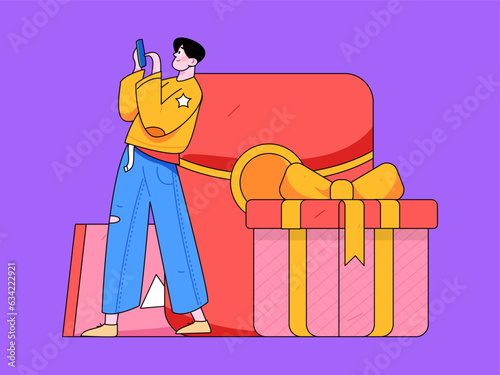 Flat vector character concept illustration with red envelopes for promotion and promotion
