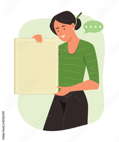 Woman Holding Blank Vertical Board for Copy Space Concept Illustration