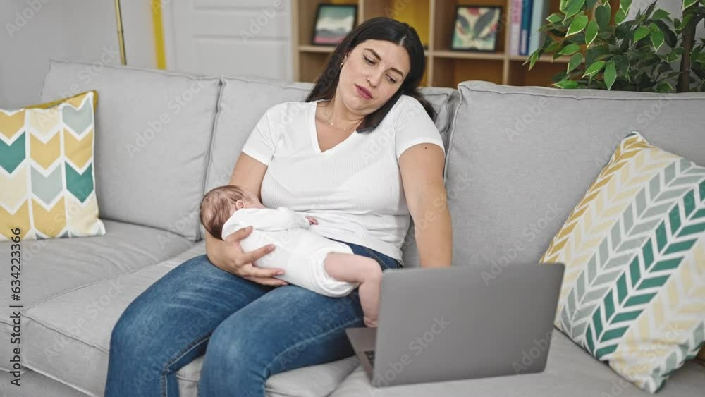 Mother and baby daughter sitting on sofa holding baby using smartphone and laptop at home Mother and baby daughter sitting on sofa holding baby using smartphone and laptop at home