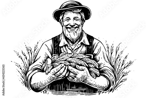 Happy farmer in hat with the harvest in hand engraving style. Hand drawn ink sketch. Vector logotype illustration. photo