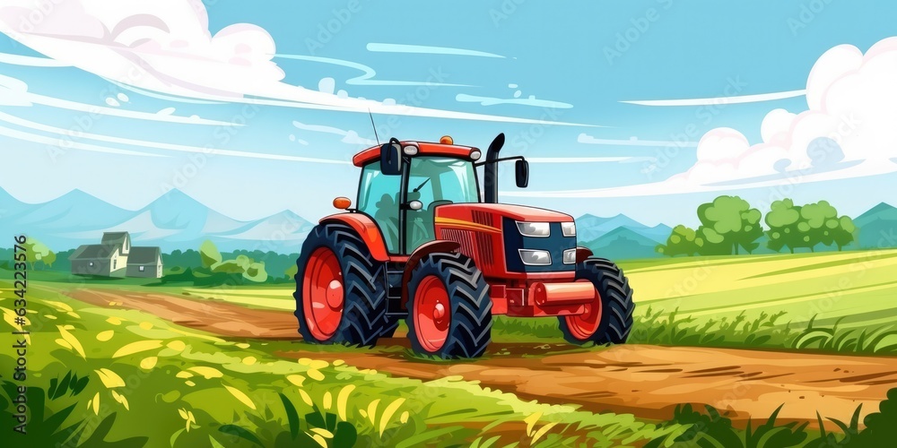 Obraz premium illustration of tractor in farm field realistic, generative AI