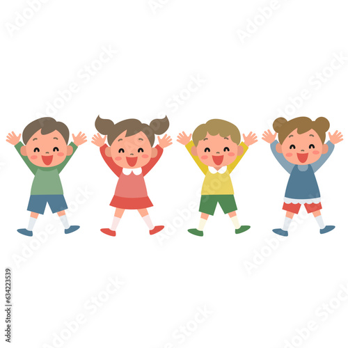 両手を上げている笑顔の子どものイラストセット