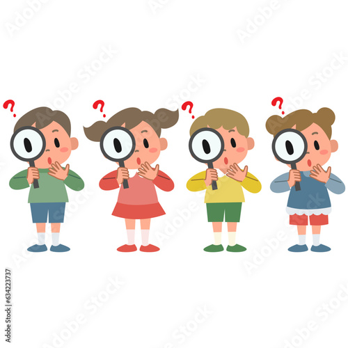 虫眼鏡を持った子供のイラストセット