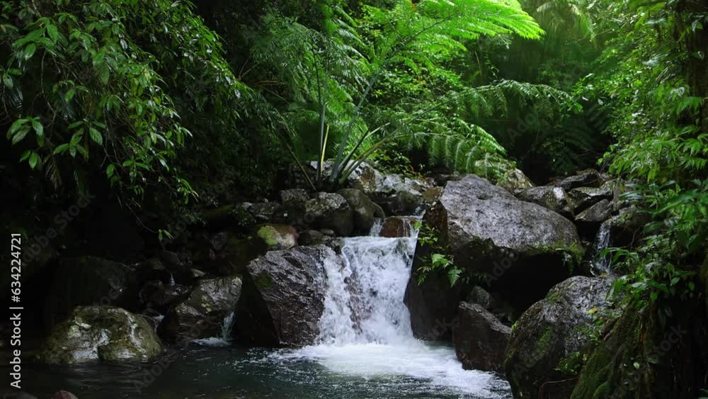 Beautiful extreme slow motion shot of a tropical jungle waterfall. Indonesia rainforest waterfall, beautiful natural environment Beautiful extreme slow motion shot of a tropical jungle waterfall. Indonesia rainforest waterfall, beautiful natural environment