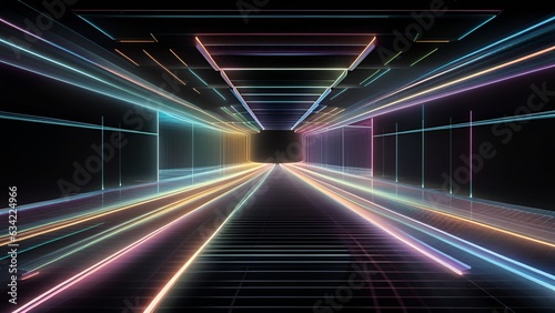 neon line perspective  abstract geometric neon background  rainbow rays  speed of light  glowing lines