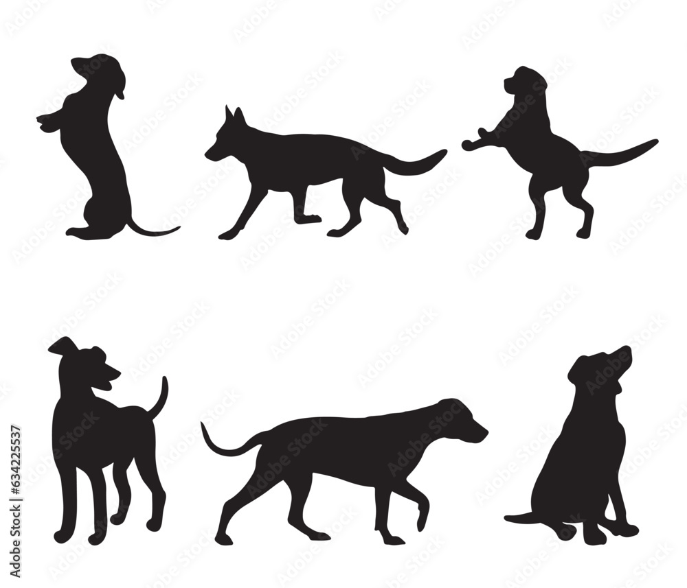 isolated black silhouette of a dog , vector collection	