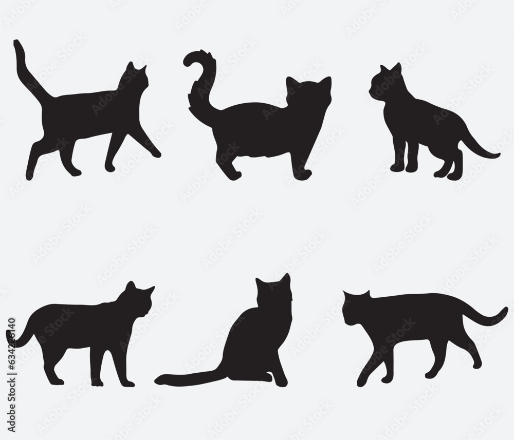 isolated black silhouette of a cat, vector collection	