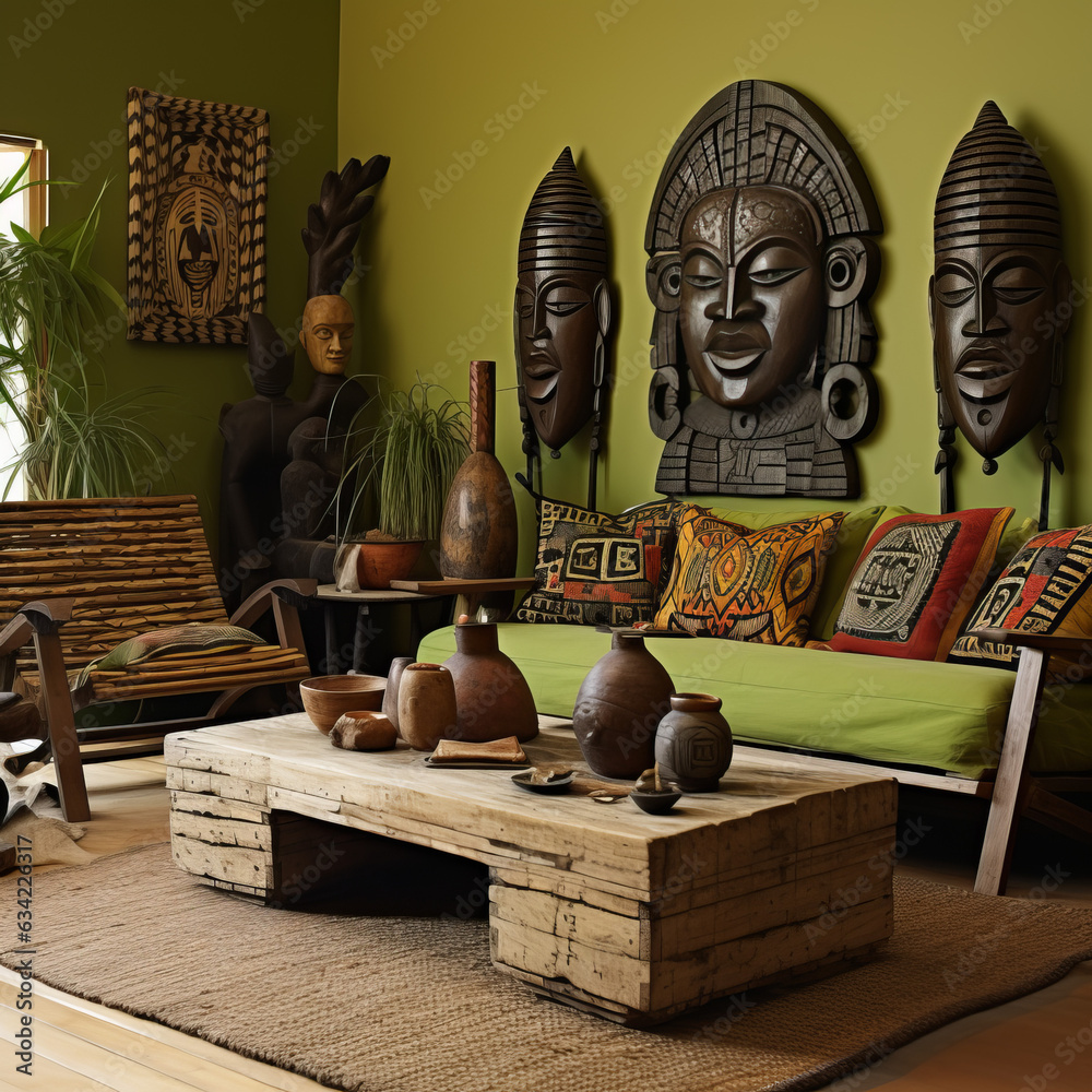 Vibrant green African inspired living room interior with folk statues ...