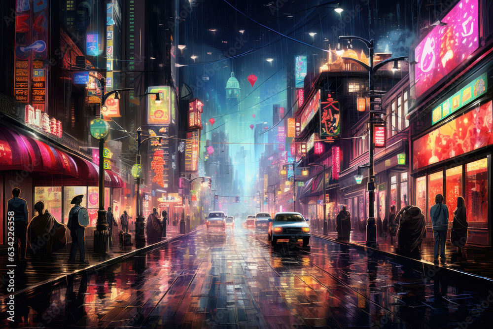 Neon Nights Rainy Urban Landscape - obrazy, fototapety, plakaty 