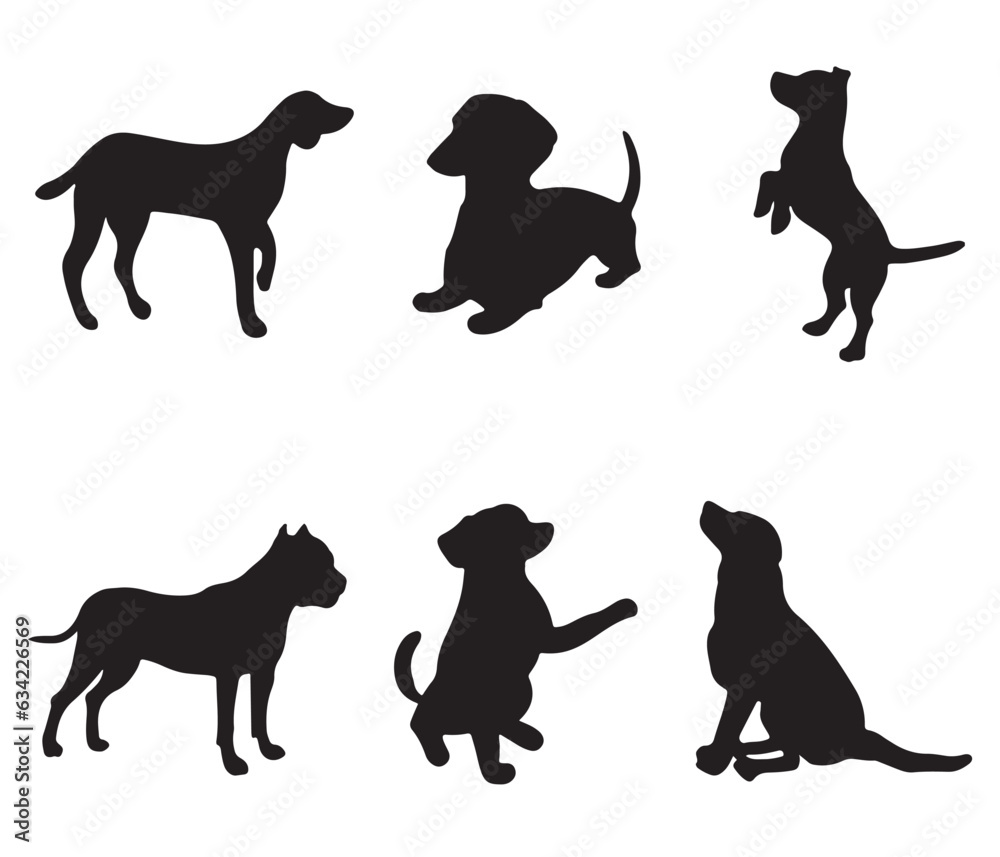 isolated black silhouette of a dog , vector collection	