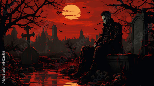 Nightfall with a Vampire: Illustration of a brooding vampire amidst a haunting cemetery background