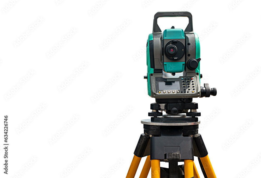 Surveyor equipment optical level isolated on white background with clipping path.