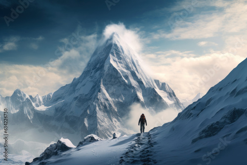 Lone Climber Snow-Capped Mountain Ascent © Bijac