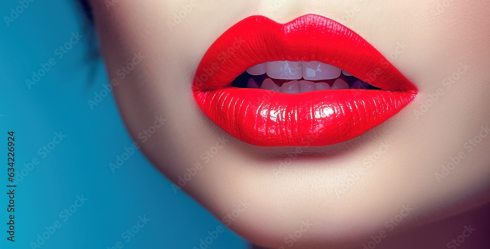 Closeup of a woman with electric red lipstick for cosmetic advertisement blue background Closeup of a woman with electric red lipstick for cosmetic advertisement blue background