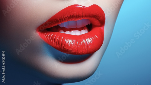 Closeup of a female face with red lipstick on blue background