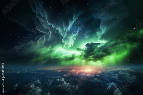 severe storm clouds and northern lights in the atmospheres - Generative AI 