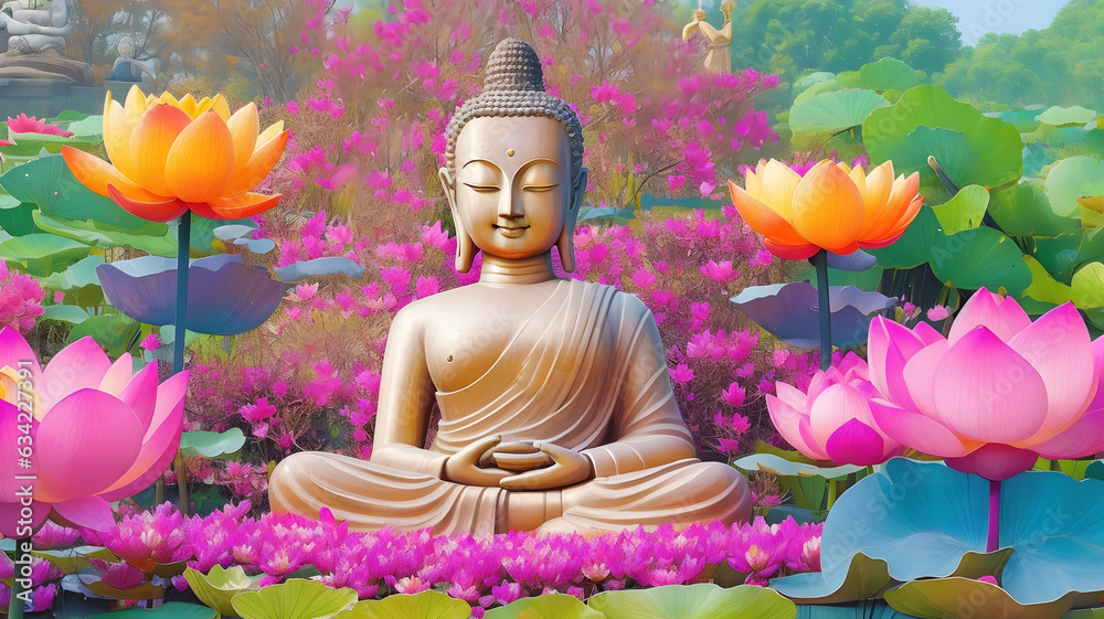 仏陀、お釈迦様、睡蓮｜buddha, shakyamuni, water lilies. Generative AI