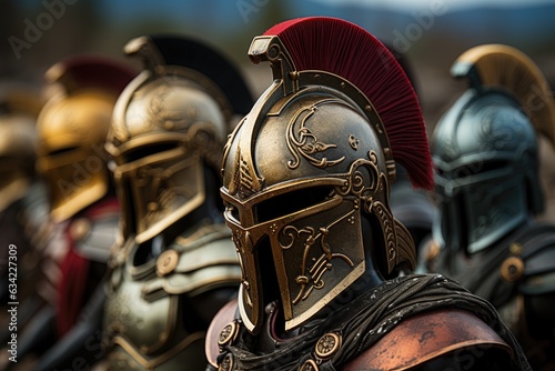 Unified Warriors of Sparta: Exploring the Impressive Array of Helmeted Soldiers Standing in Solidarity