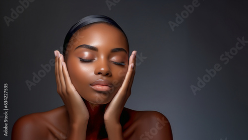 Beauty salon African model with closed eyes advertisement for facial cosmetics