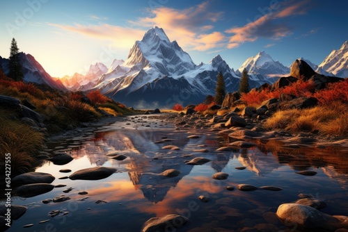 Serenity Awakened: Interpreting the Symbolism of Sunrise over Majestic Peaks and a Reflective Blue Lake