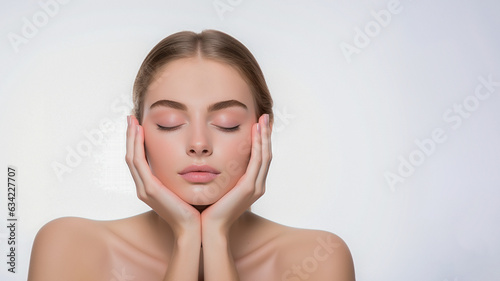 Front portrait shot of a salon model with beautiful skin on a light grey background