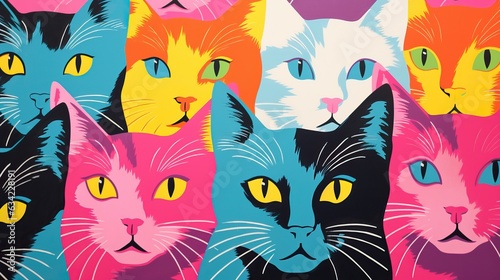 a group of colorful cats pop art illustration.