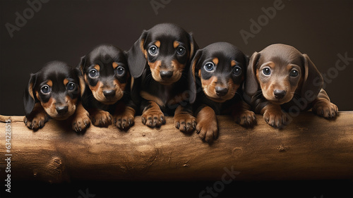 Five newborn pedigree dachshund puppies posing for a portrait in a studio.