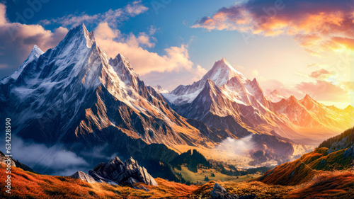 Majestic craggy snow covered mountains at sunset 