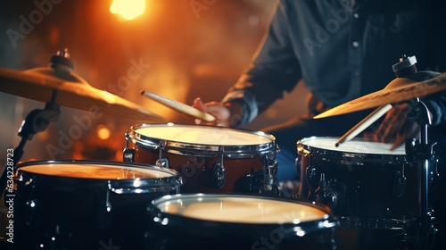 closeup photo of male hands of a person playing the drums with sticks. bokeh lights in the background.  playing music instrument in the band studio. Generative AI