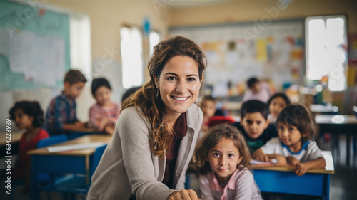 A school teacher in front of her classroom of young kindergarten students.