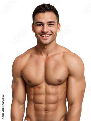 Fitness man smiling and looking at the camera, isolated, transparent background, no background. PNG.