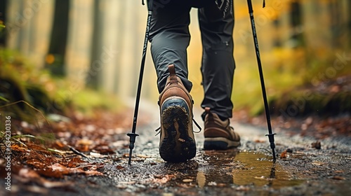 Close up of legs of person in hiking shoes walking in the forest, using hiking stick, Generative AI photo