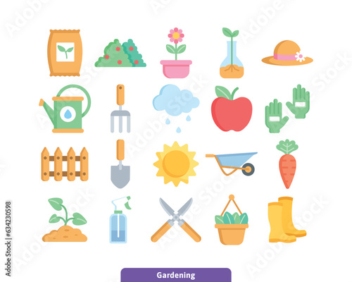 Flat Color Gardening and Flower Icon Set. Minimal Agriculture Elements Collection for Project or Web Design. Vector EPS