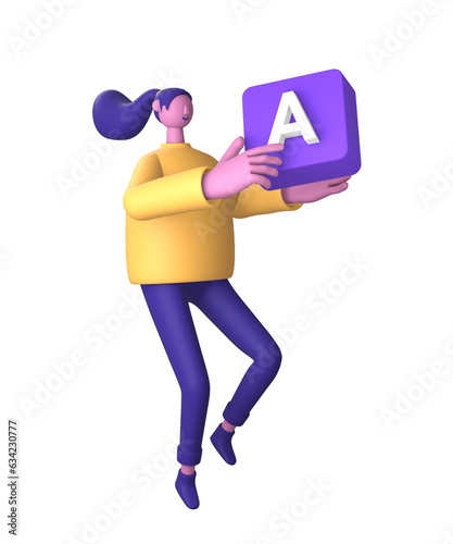 3d purple illustration icon of character holding alphabet letter for UI UX social media ads design