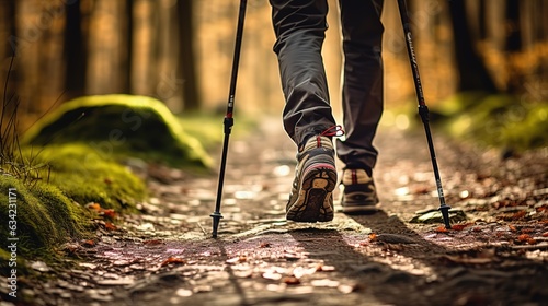 Close up of legs of person in hiking shoes walking in the forest, using hiking stick, Generative AI