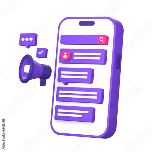 3d purple illustration icon of using smartphone for social media online chatting communication and message