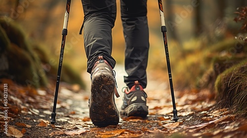 Close up of legs of person in hiking shoes walking in the forest, using hiking stick, Generative AI © Intelligence Studio