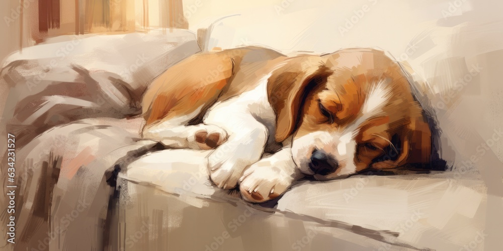 oil painting of a beagle is sleeping on the couch, generative AI