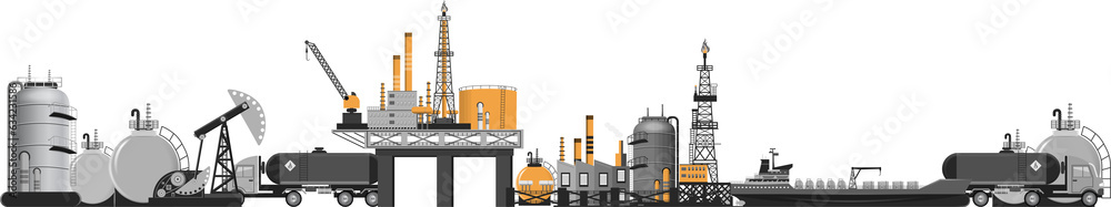Oil industry platform Banner with drilling rig tower station, Oil storage tank, Poster Brochure Flyer Design. Isolated on white background Oil industry platform Banner with drilling rig tower station, Oil storage tank, Poster Brochure Flyer Design. Isolated on white background