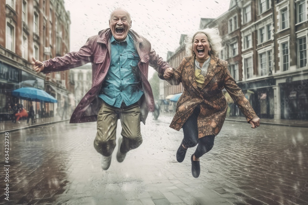Smiling senior couple jumping in a wet street
