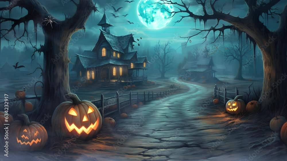 old castle spooky atmosphere on full moon halloween night. Halloween pumpkin decoration. halloween background video.