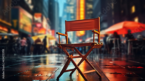 An empty director's chair placed before a vacant film set, with a gloomy background.