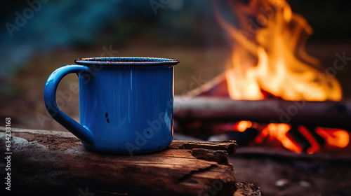 A blue enamel cup, filled with steaming hot coffee, rests on an old log by the outdoor campfire. The photographer achieves an extreme shallow depth of field, capturing the mug in sharp focus.